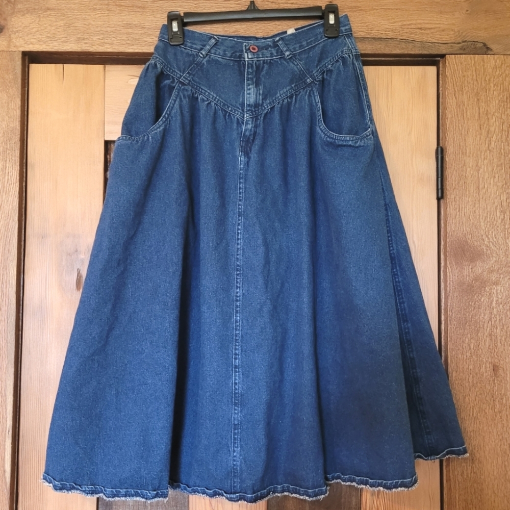 Vintage Jordache Yoked Western Dark Blue Full A-Line Heavy Denim Skirt Sz16 W26"